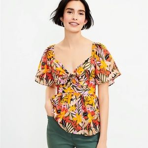 LOFT Tropical Flutter Sleeve Tie Neck Top